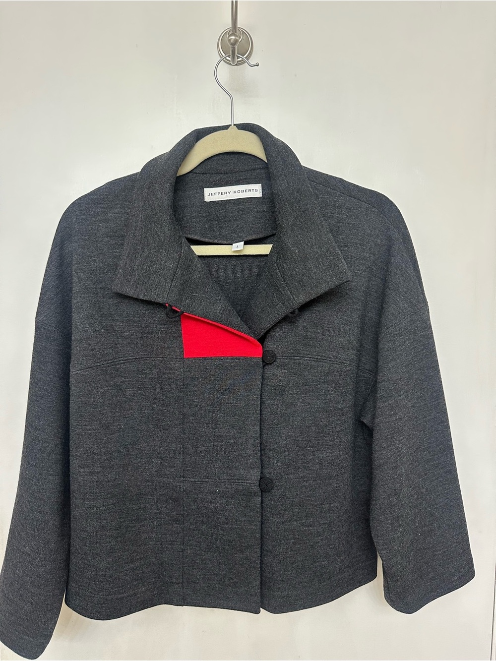 Wool Charcoal Gray Cropped Blazer with Red Accent